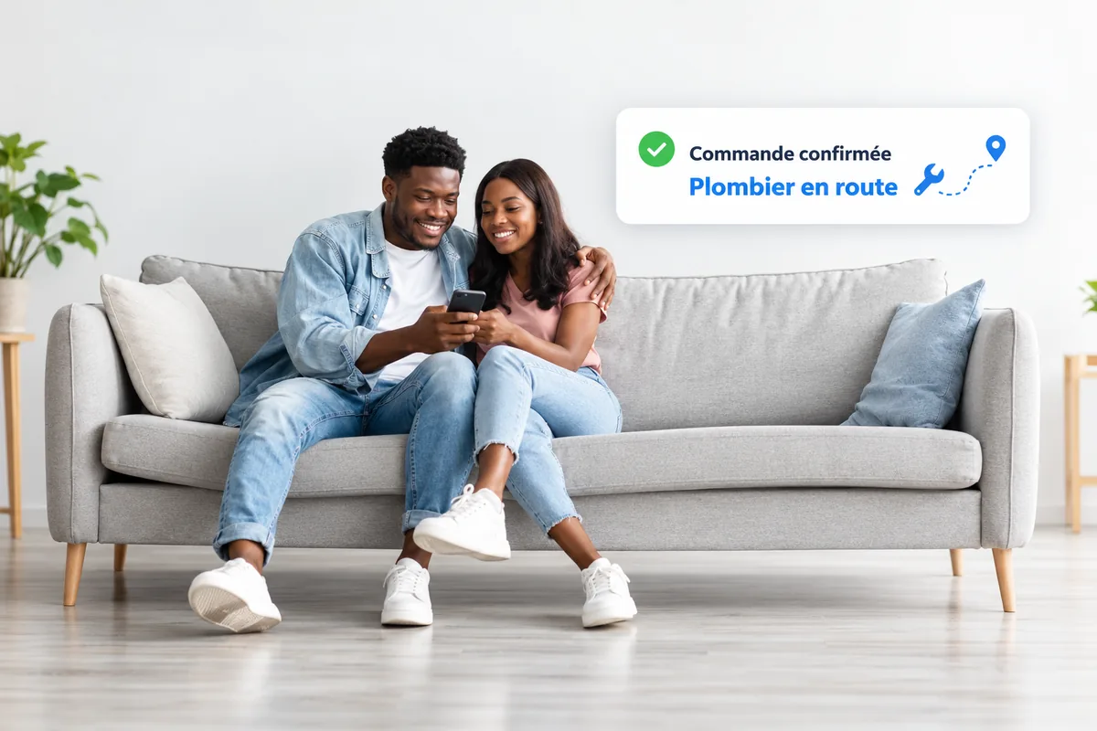 Un couple suit sa commande sur l'application : commande confirmée, plombier en route